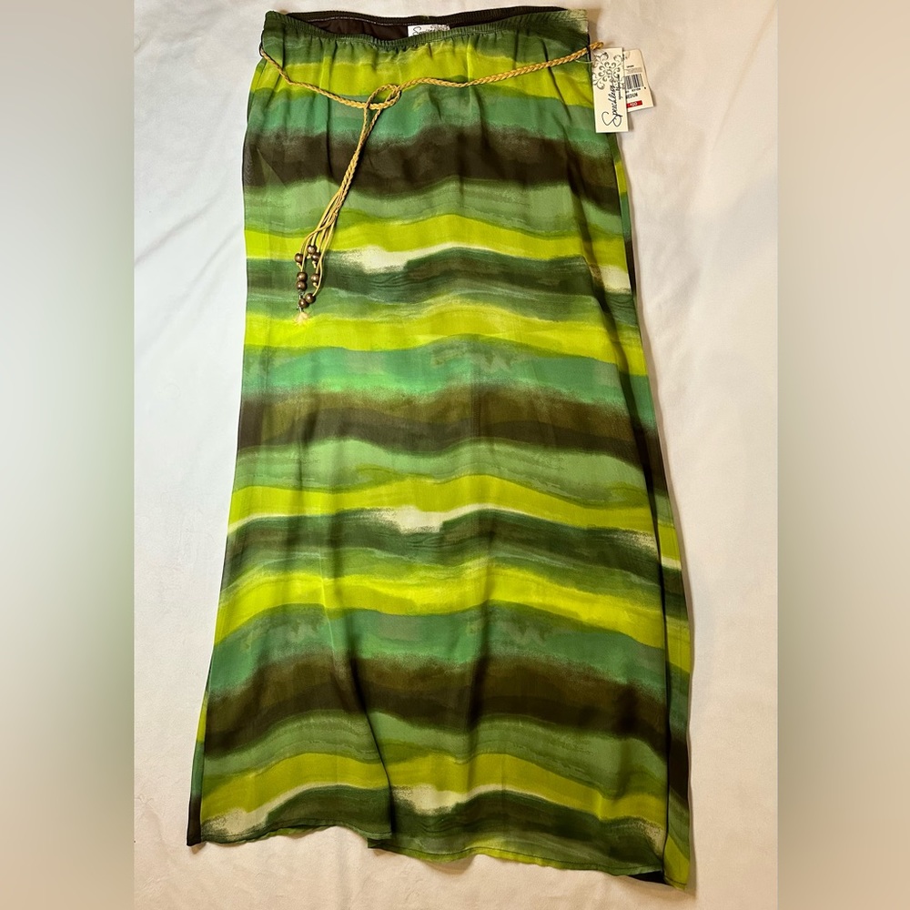 Green and brown striped maxi skirt with braided belt